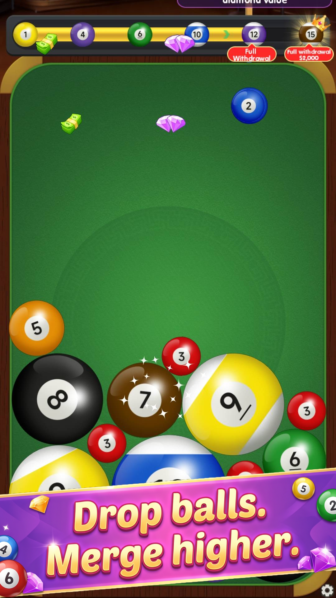 Pool Merge Master — drop numbered balls on the green merge board