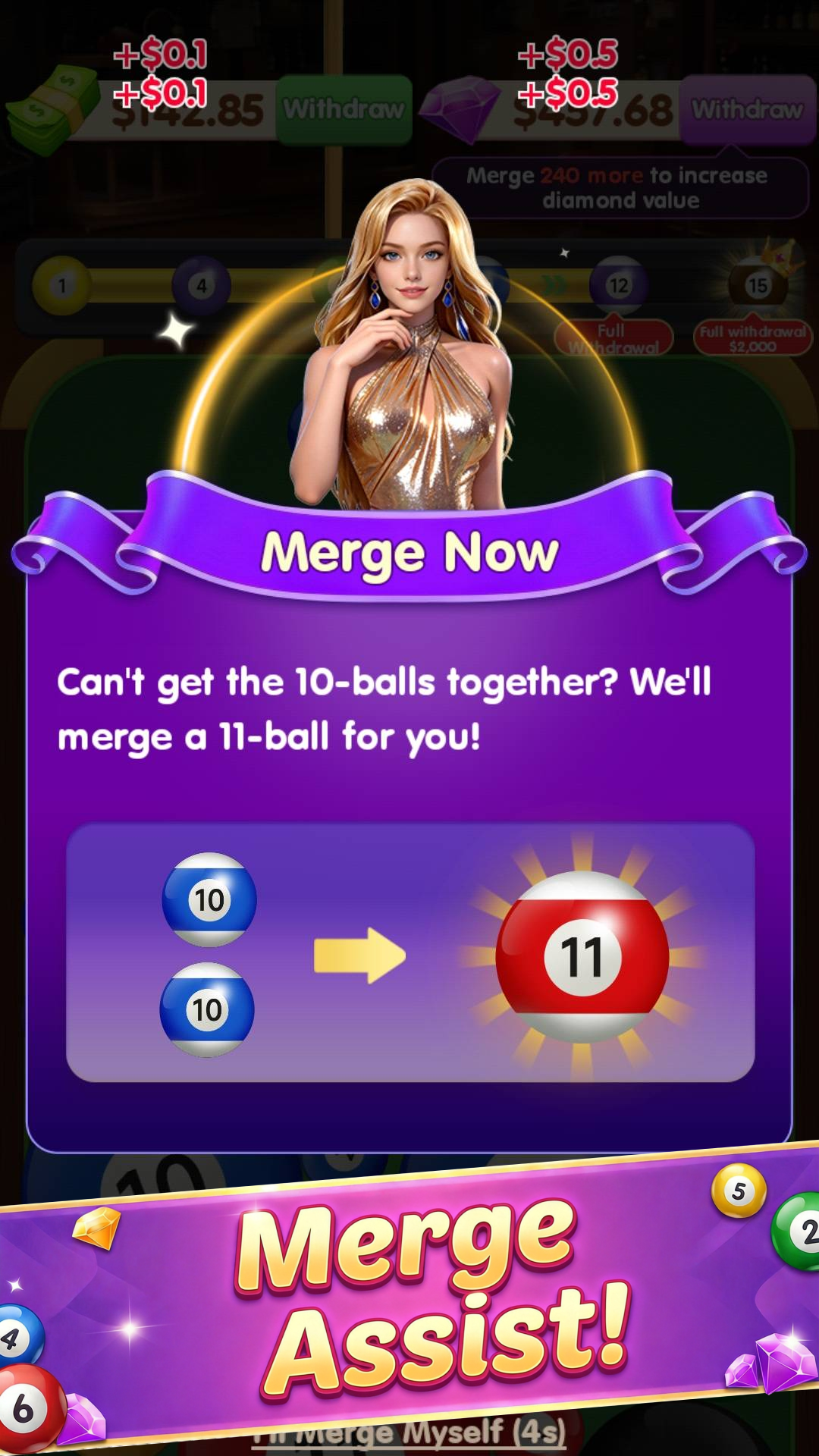 Pool Merge Master — congratulations reward screen with gems and cash
