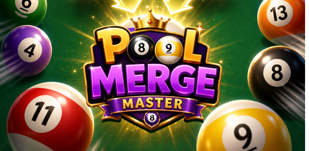 Pool Merge Master key art — glossy logo with billiard balls on green felt